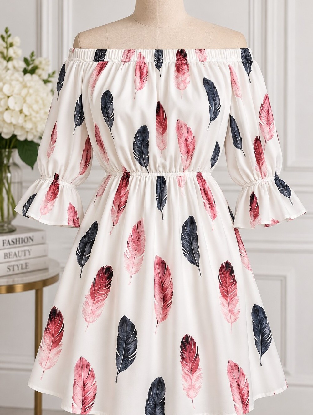 Off-Shoulder Feather Print Dress in White and Pink